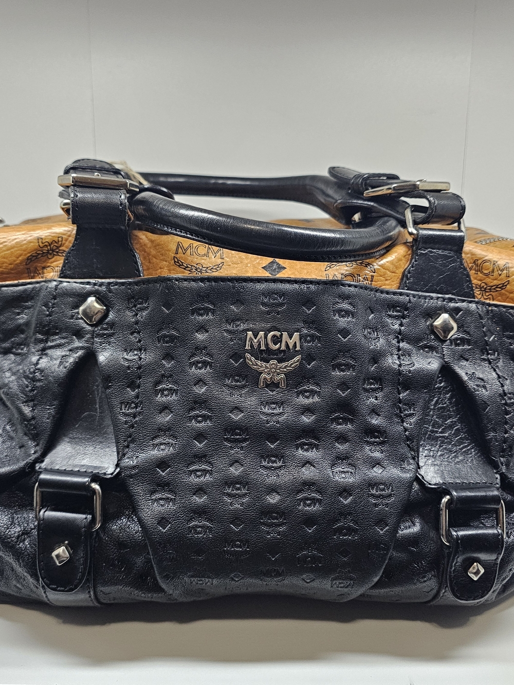 MCM Black Leather Duffel with Cognac Visetos Trim
